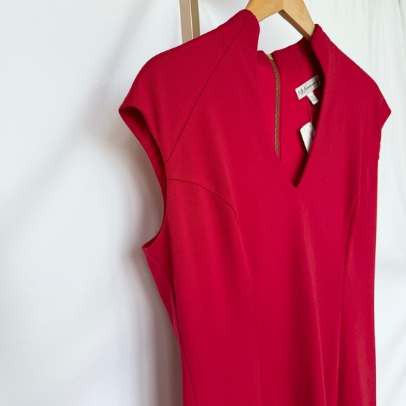 NWT!! Neiman Marcus Women's Red V-Neck Cap Sleeve Midi Dress Size L Gold Zipper - Picture 7 of 16